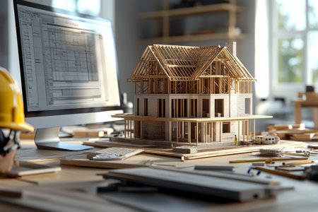 Model house under construction 3d visualization with computer and construction helmet in frameの写真素材