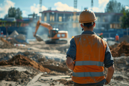 Civil engineer using ai assisted drone for detailed construction site inspectionの写真素材
