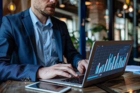 Businessman in suit efficient laptop with chart display, business and technology conceptの写真素材
