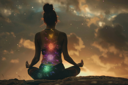 Yoga figure with 7 chakras in space, symbolizing unity and spiritual enlightenmentの写真素材