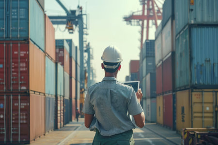 Engineer in uniform conducting inspection of logistics container yard with crane bridge in shipyardの写真素材