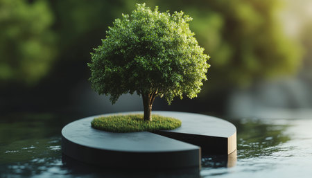 Stylish pie chart merging with a tree, symbolizing growth, sustainability, and eco friendly businessの写真素材