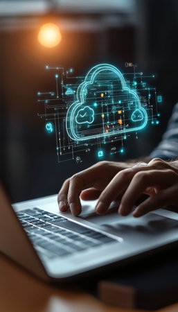 Businessman using laptop with cloud computing icon, focused on digital innovation and technology