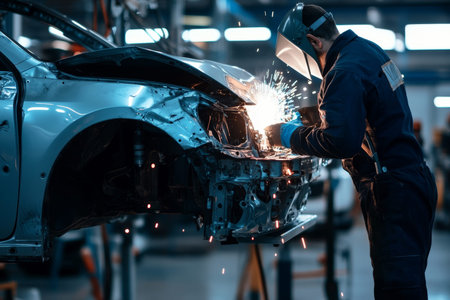 Modern car repair service professional welds for body restoration after an accidentのeditorial素材
