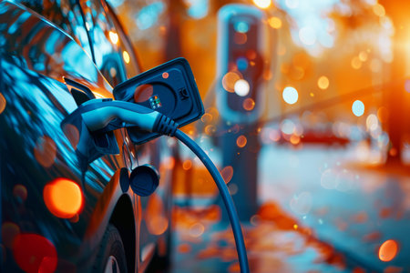Electric vehicle charging at station with blue energy effect eco friendly sustainable concept