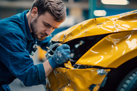 Worker in blue uniform repairing yellow car after collision in garage workshop with space availableの写真素材