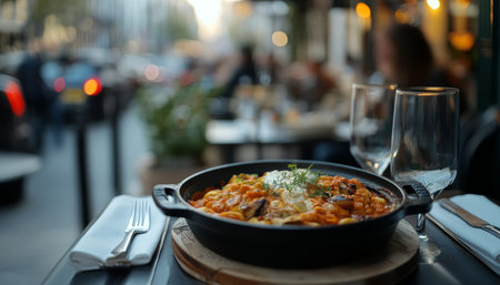 Gourmet cuisine displayed on an outdoor restaurant table with a lively street scene in background