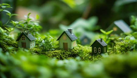 Serene landscape with miniature houses amidst lush foliage for eco friendly design projectsの写真素材