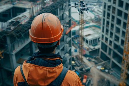 Aerial drone inspection of construction site supervised by civil engineer using generative ai