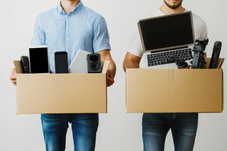 Two transport individual cardboard boxes of electronics against a softly lit white backgroundの写真素材