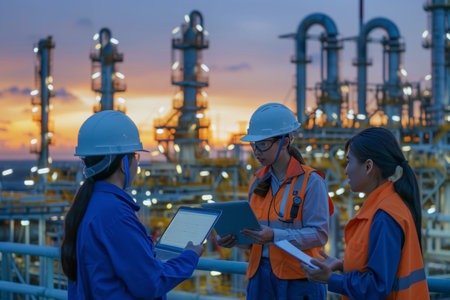 Oil project manager at offshore site discussing with team near factory plant at sunsetのeditorial素材