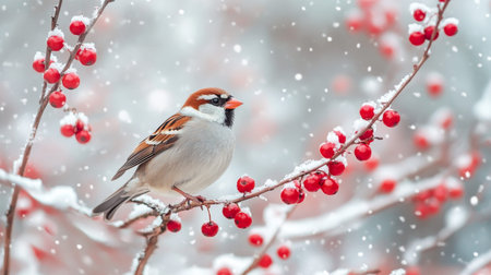 Enchanting winter scene bright red berries and sparrow in a snowy park a whimsical tale