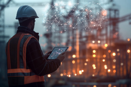 Futuristic construction site engineer with tablet and holographic data amidst dusk illumination