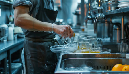 Male handyman washing dish in modern restaurant kitchen, concept of professional kitchen staffの写真素材