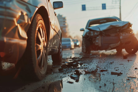 Daytime collision high quality image shows two cars in minor accident colliding on the roadの写真素材