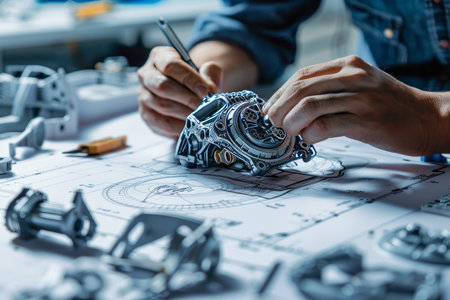 Design engineer creating detailed car part drawing in automotive industry for professionals