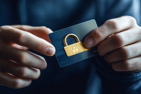 Man s hand holding credit card with padlock symbolizing security in financial transactionsの写真素材