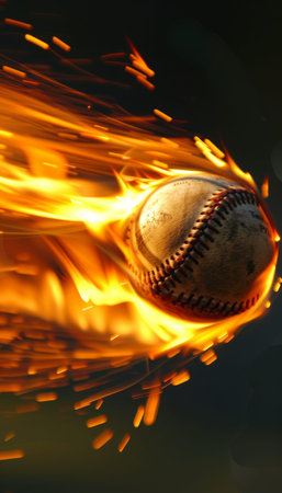 High velocity baseball hurtling with fiery trail towards batter for an intense pitchの写真素材