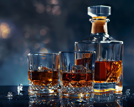 Detailed close up of sophisticated whiskey bottle and two glasses for a luxurious presentationの写真素材