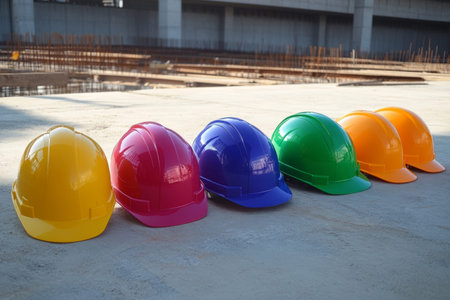 Diverse colored safety helmets at construction site highlight importance of workplace safety gear