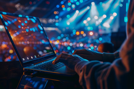 Businessman streaming online content and watching videos on laptop for live concerts and tutorials