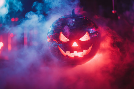 Halloween mirror ball with pumpkin faces in nightclub surrounded by smoke and blurred lightsの写真素材