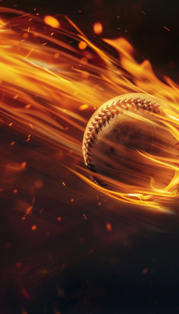Fiery baseball ball with blazing trail hurtling at high speed towards batter in intense motion