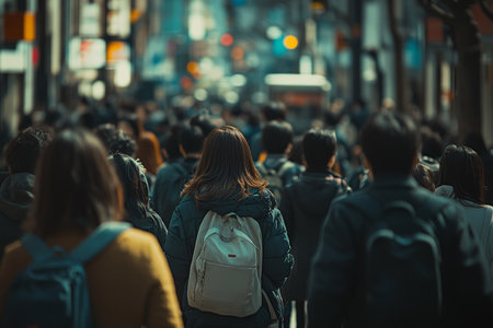Vibrant scene of a bustling Tokyo street filled with a diverse crowd of people walkingの写真素材