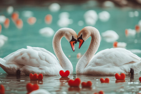Valentine's day concept featuring a couple of white swans surrounded by red heartsの写真素材