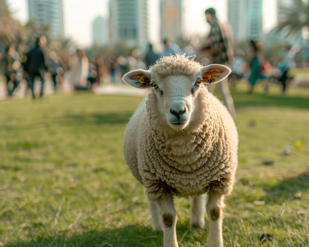 Sheep in park with crowd and dubai backdrop, shot on sony alpha a9 ii with f 2.8 lensの写真素材