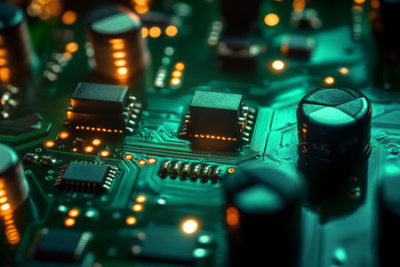 Close up of a bright green circuit board featuring detailed knobs and lights in modern electronics