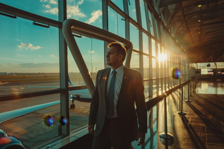 Professional male traveler in business attire at the airport on a beautiful sunny dayの写真素材
