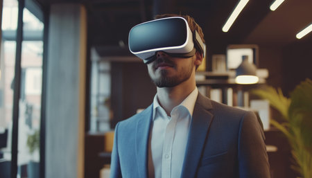 Young entrepreneur wearing vr glasses in startup office for virtual reality meeting online