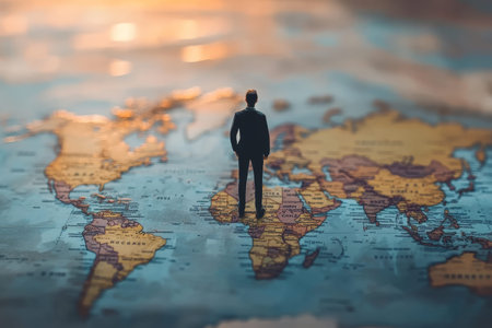 Businessman on world map illustrating global connections and international networking concept