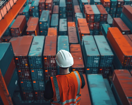 Container shipment operations supervision by industrial port manager at shipping terminal