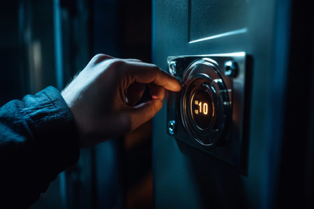 Hand unlocking combination lock on safe illuminated security against dark backdrop