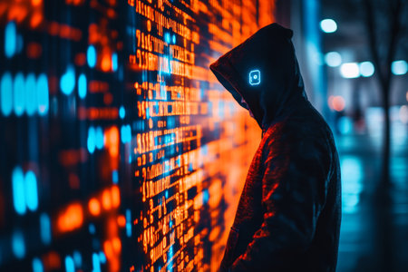 Mysterious figure in a hoodie interacts with digital code, symbolizing cybersecurity and innovationの写真素材