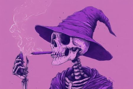 Vector art of a skeleton in a purple wizard hat smoking against a simple purple backgroundの写真素材