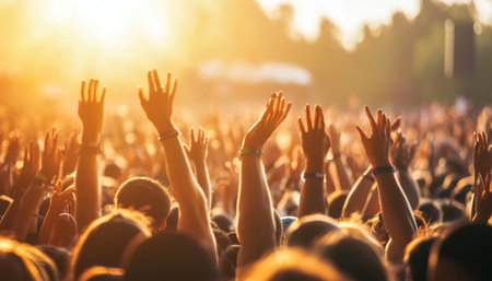 Energized audience celebrating live music at a vibrant concert or festival eventの写真素材