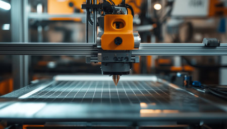 Dynamic photograph showcasing a 3d printer actively working in a contemporary studio settingの写真素材