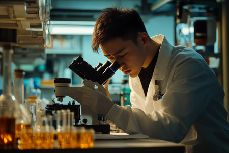 Science researcher analyzing samples through microscope surrounded by laboratory equipmentの写真素材