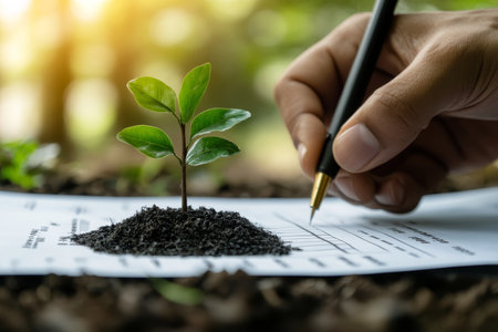 Businessman develops environmental protection strategies for a sustainable future and esg goalsの写真素材