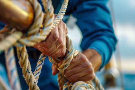Sailor demonstrating exceptional skill in adjusting sail ropes for olympic sport with precision