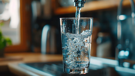 Pouring fresh drinking water from kitchen tap into a clear glass for consumptionの写真素材
