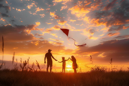 Family bonding parents and child joyfully launch kite at sunset in scenic natural settingの写真素材