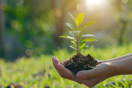 Female hand holding tree seedling on earth day for forest conservation in nature fieldの写真素材