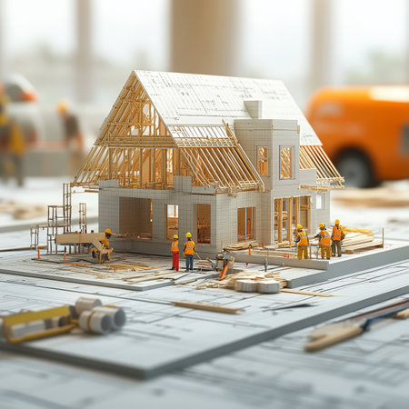 Architectural blueprints showcase house construction with workers and materials in daylightの写真素材