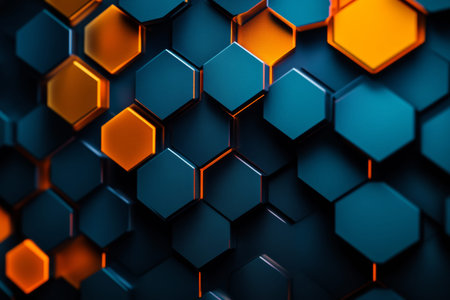 Stunning 3d background featuring black, blue, and orange hexagons for captivating visuals