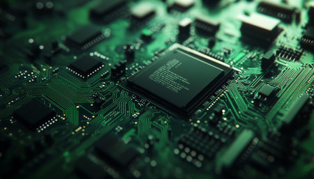 Close up of a green circuit board highlighting intricate details of technology and innovation