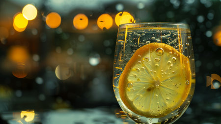 Vibrant lemon drops in yellow drink glass high quality image with refreshing lemon sliceの写真素材